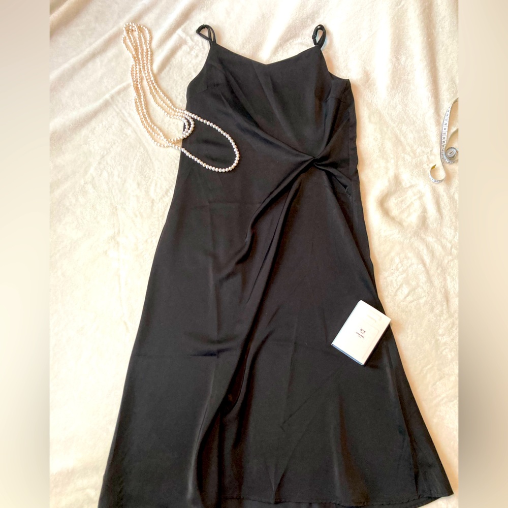 Korean Brand, classic black twist front satin dress